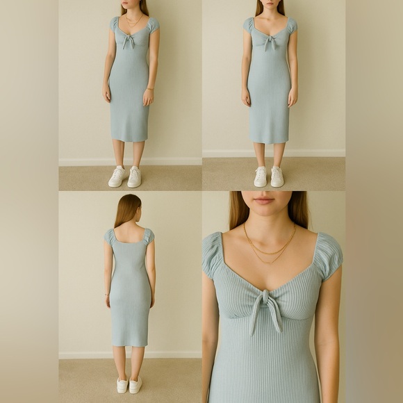 No Boundaries Light Blue Ribbed Tie-Front Midi Dress XS - 0 2 43” Long Y2K Knit - Picture 6 of 11